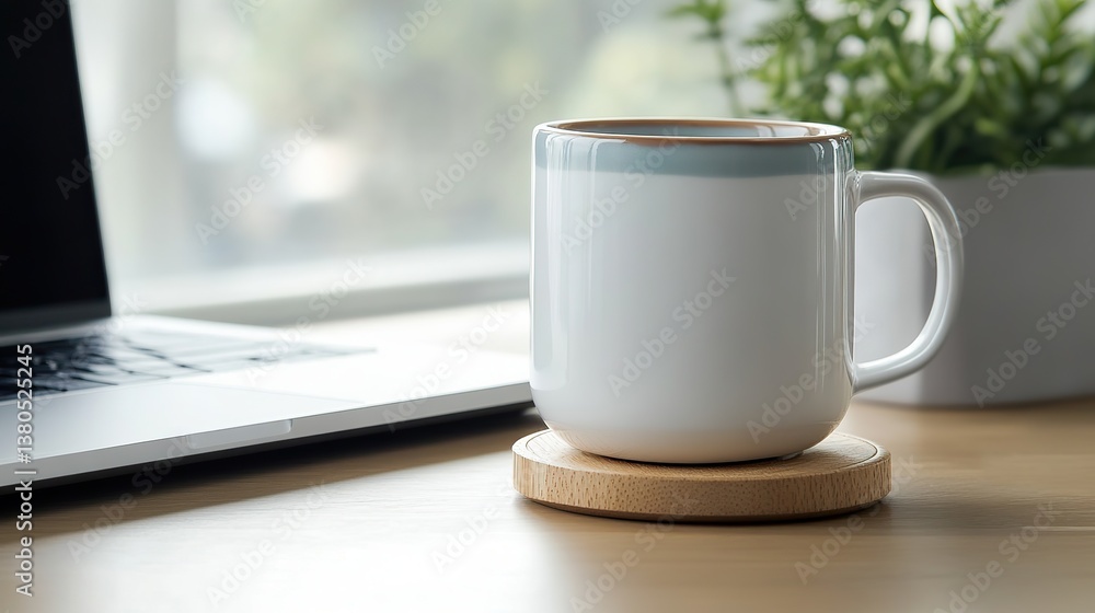 A mug on a wooden coaster and a computer on a table create a light-colored, serene and minimalist workspace. Harmony is created between simplicity and modernity. A mug on a wooden coaster and a computer on a table create a light-colored, serene and minimalist workspace. Harmony is created between simplicity and modernity.