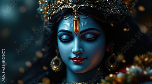goddess Kali with intense expression, intricate jewelry, and divine aura, symbolizing power, destruction, and spiritual awakening in Hindu mythology