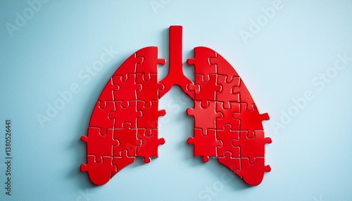 close up of red lung shaped puzzle being assembled on a soft pastel blue background highlighting respiratory health awareness