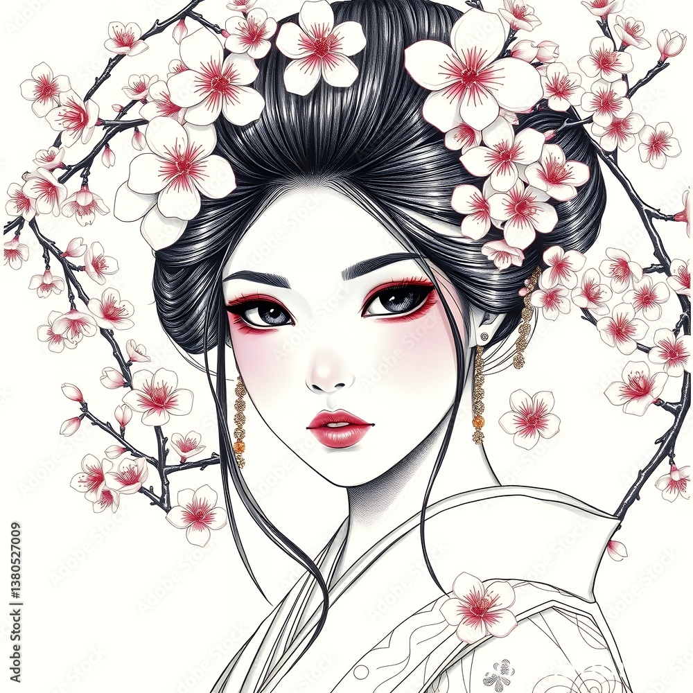 Elegant Japanese Woman with Cherry Blossoms Elegant Japanese Woman with Cherry Blossoms