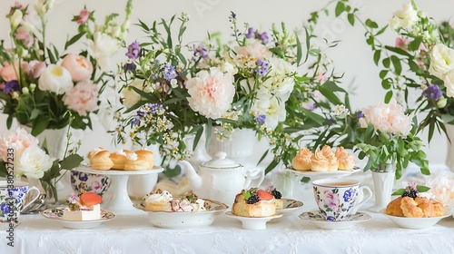 Elegant floral arrangement and pastries on a table.