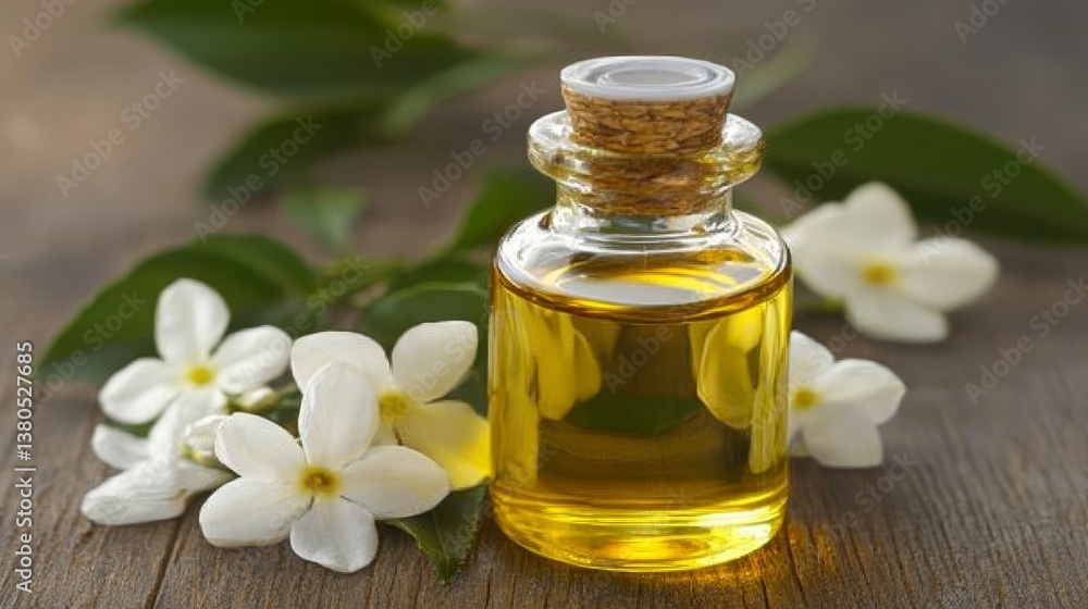 Glass Bottle of Essential Oil Surrounded by Fresh White Flowers and Green Leaves on Wooden Table Glass Bottle of Essential Oil Surrounded by Fresh White Flowers and Green Leaves on Wooden Table