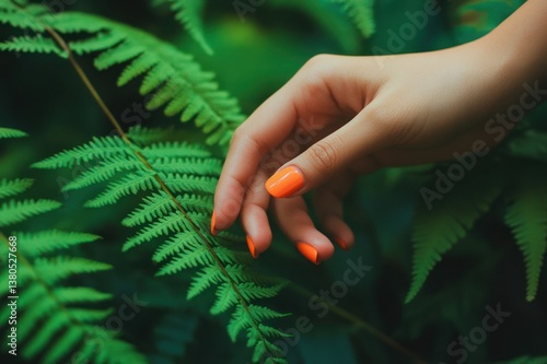 Hand with Bright Orange Nails Gently Touching Green Fern Leaves in Lush Nature Setting