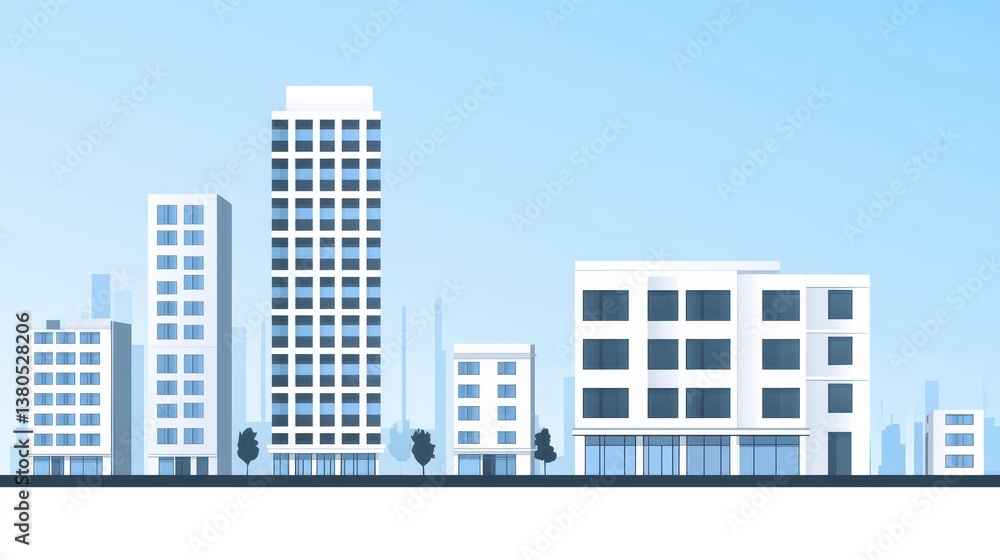 A sleek urban skyline showcases an array of contemporary buildings with large windows and balconies, set against a bright blue sky. Trees add greenery to the landscape A sleek urban skyline showcases an array of contemporary buildings with large windows and balconies, set against a bright blue sky. Trees add greenery to the landscape