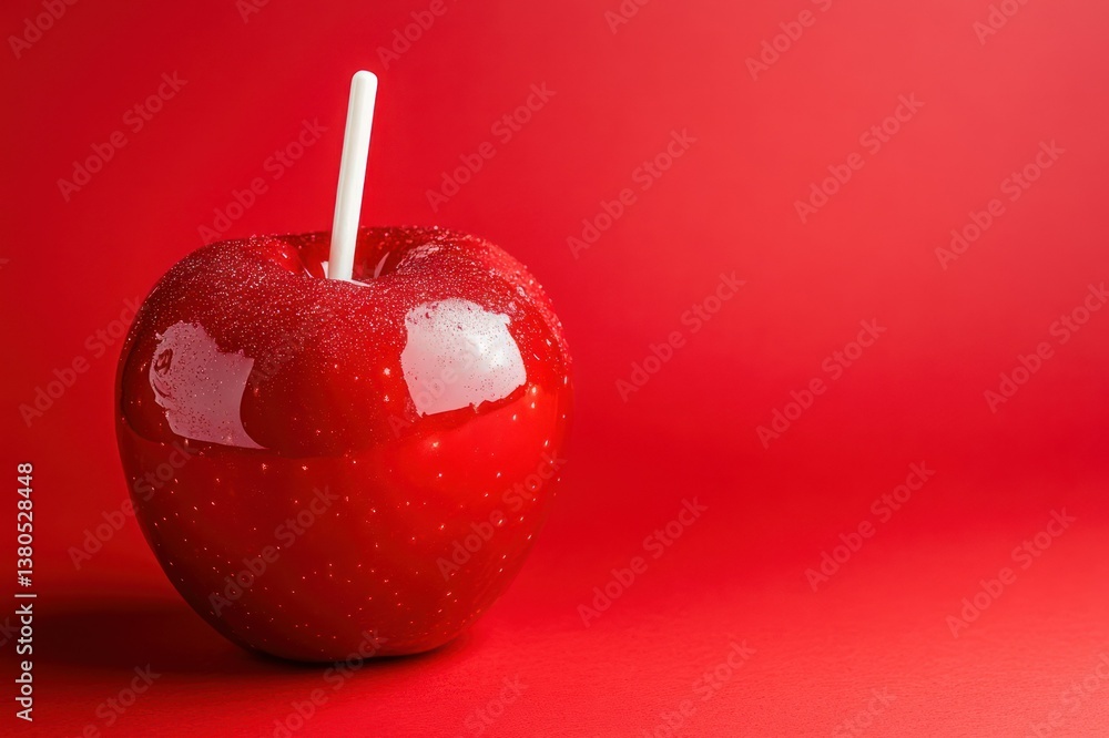Obraz premium Glossy Red Candy Apple on Red Background Perfect for Sweet Treats and Festive Occasions