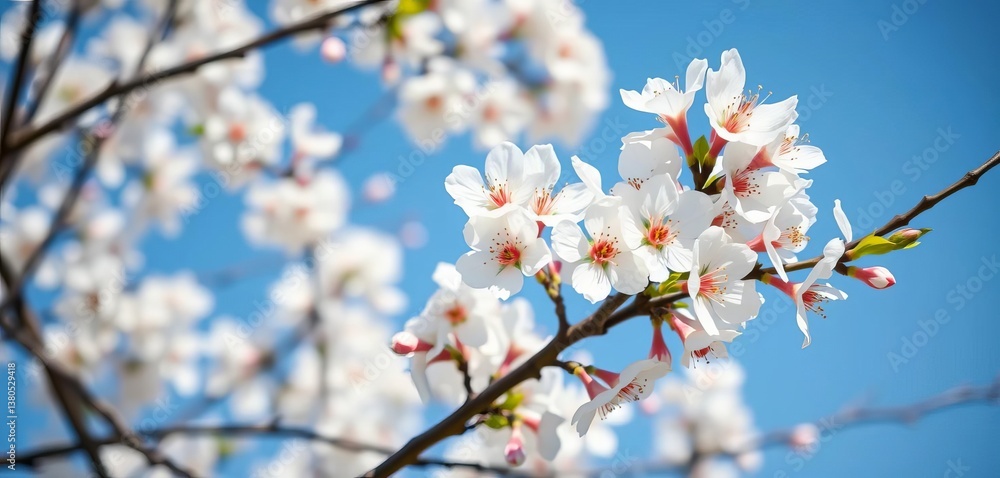Full bloom white cherry blossoms on a tree branch against a clear blue sky, delicate, white blossom Full bloom white cherry blossoms on a tree branch against a clear blue sky, delicate, white blossom