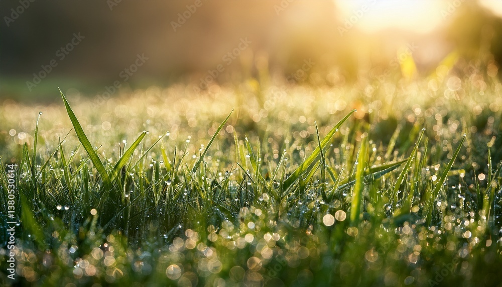 Naklejka premium close up of dewdrops on lush green grass in soft morning light