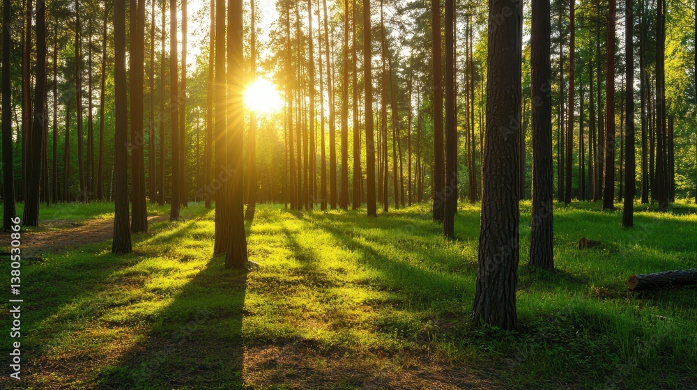 Fototapeta premium Sunlight streams through the towering trees, casting long shadows on the lush green grass in a tranquil forest as evening approaches, creating a peaceful atmosphere
