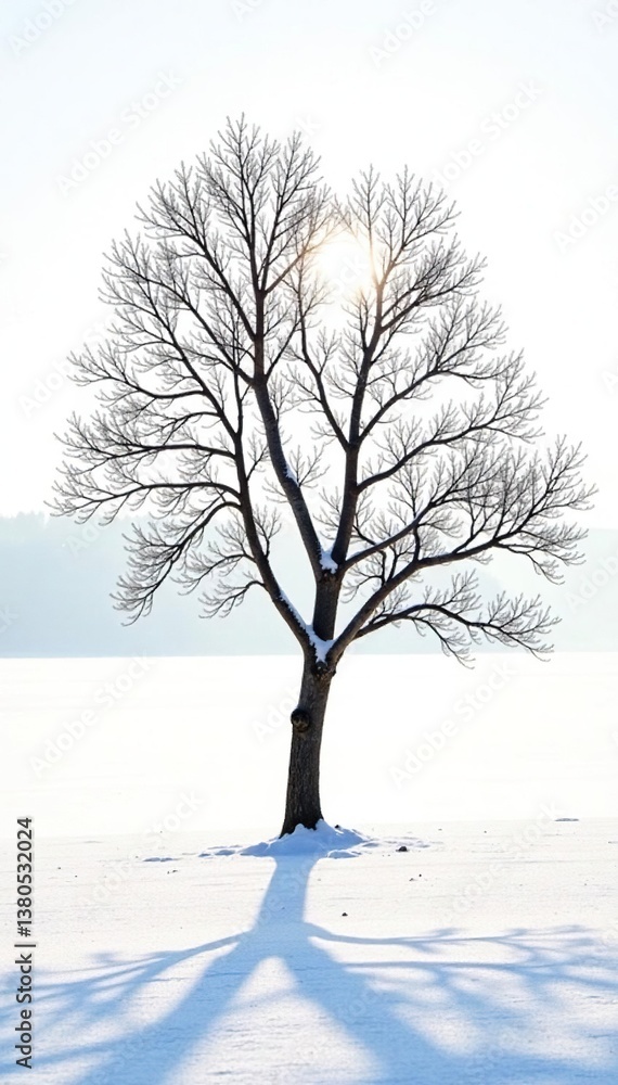 Fototapeta premium Delicate tree branches on a snowy white background, partially exposed to sunlight, , nature, isolated