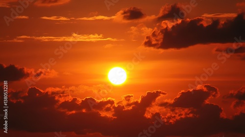 A stunning sunset casts a warm glow over the horizon as the sun dips below the clouds. Vibrant orange and red hues fill the sky, creating a serene atmosphere by the water