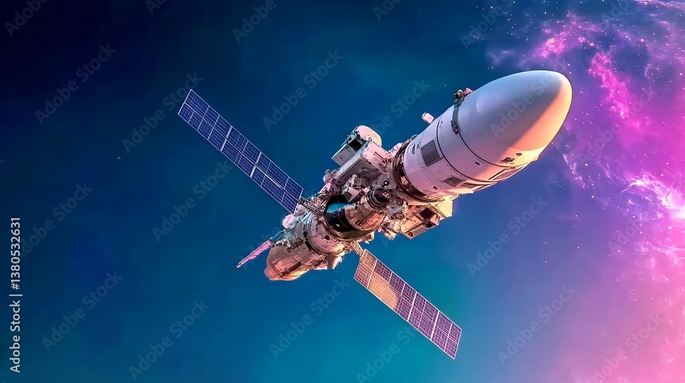 Fototapeta premium Realistic view of a spacecraft floating in space against a vibrant galaxy background, symbolizing human progress and celebration of Space Day, synth wave style vibrant photo