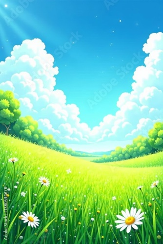 Vibrant watercolor frame with lush grass field under blue sky, watercolor, sky, frame