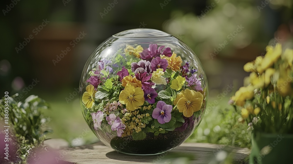 A vibrant sphere of pansies and other spring blooms, nestled in a glass globe, bathed in soft sunlight, creating a breathtaking miniature garden. A vibrant sphere of pansies and other spring blooms, nestled in a glass globe, bathed in soft sunlight, creating a breathtaking miniature garden.