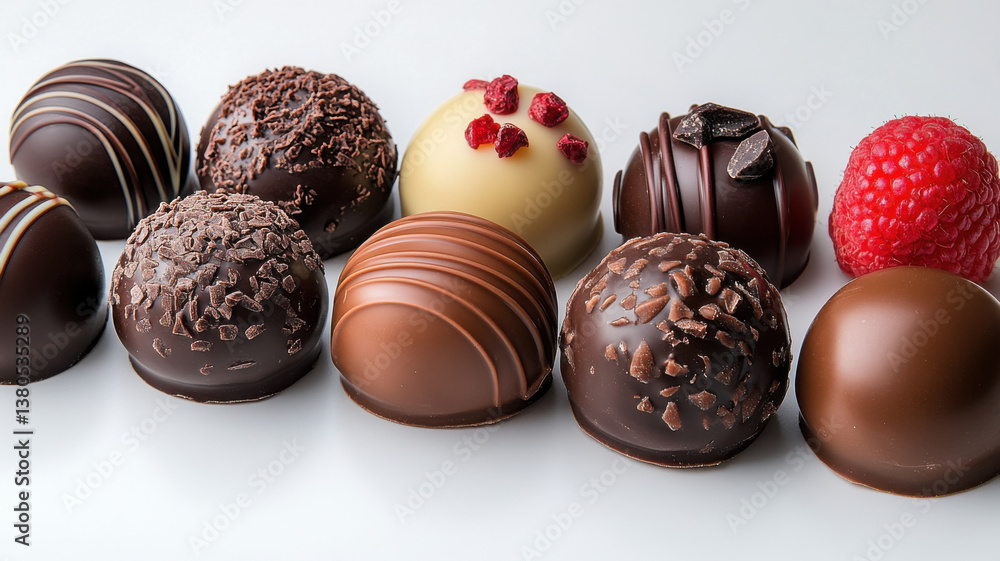 Seven assorted gourmet chocolates are arranged on a clean white background, each piece a delicacy crafted for a special celebration, offering a variety of rich flavors and elegant designs. Seven assorted gourmet chocolates are arranged on a clean white background, each piece a delicacy crafted for a special celebration, offering a variety of rich flavors and elegant designs.