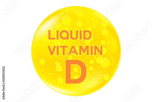 Vitamin D glowing 3D icon liquid droplet bubble, isolated, transparent background. Rich fluid vitamin oil drop with flowing bubbles, health nutrition supplement, beauty skin serum products