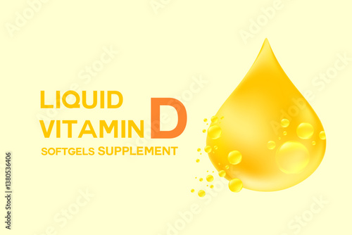 Vitamin D glowing 3D oil drop element or bubble, light yellow gradient background. Fluid gold flowing bubbles, health nutrition supplement product banner, presentation, infographic design