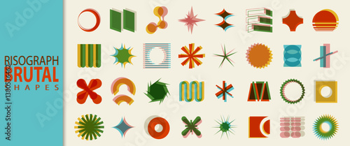 Postmodern abstract risograph geometric graphic elements, Brutalist vector shapes, trendy retro design symbols in Y2K aesthetics, vintage stickers