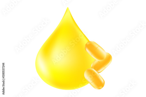 Glowing golden yellow 3D oil or water drop with pills or soft gel capsules. Health nutrition supplement, vitamin icon isolated, transparent background. Collagen close up droplet, design element