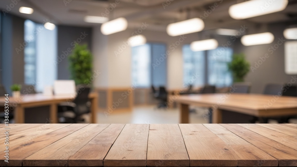 Wooden Tabletop with Blurred Modern Office Background Wooden Tabletop with Blurred Modern Office Background