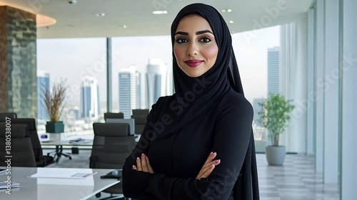 Confident arab businesswoman in hijab standing in modern office with cityscape