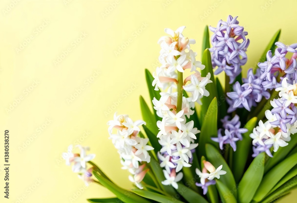 Fototapeta premium White hyacinth blooms aerial view against a clean, bright spring background, texture, celebration