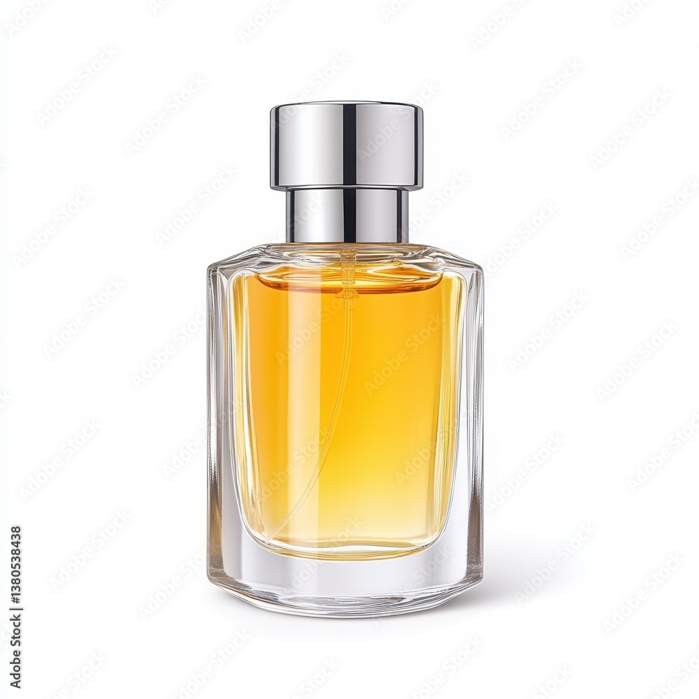 A clear glass bottle featuring a sleek design holds a rich golden liquid. The shiny silver cap adds a touch of sophistication, creating an alluring visual effect A clear glass bottle featuring a sleek design holds a rich golden liquid. The shiny silver cap adds a touch of sophistication, creating an alluring visual effect