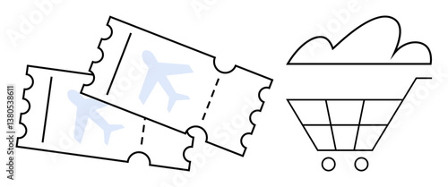 Two airplane tickets beside a shopping cart illustrating online flight reservations, travel booking, trip planning, vacation shopping, digital ticket purchase, tourism, e-commerce. Ideal for booking