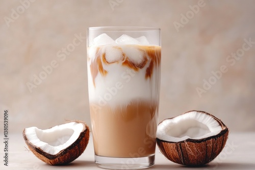 Iced coffee showcases creamy layers topped with frothy milk, gar