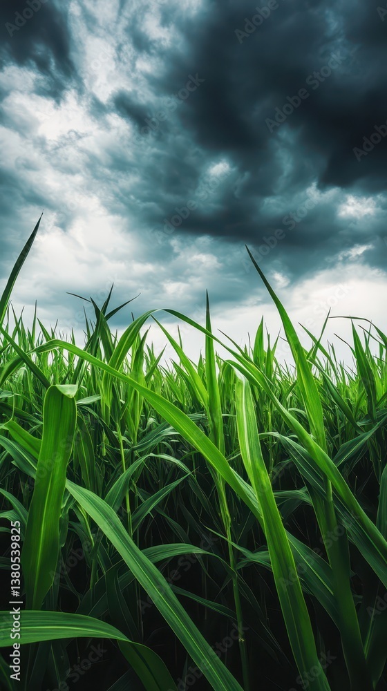 Fototapeta premium Tall green grass grows densely against a backdrop of dark, ominous clouds. The scene captures the raw beauty of nature in a rural area during late afternoon, hinting at an approaching storm