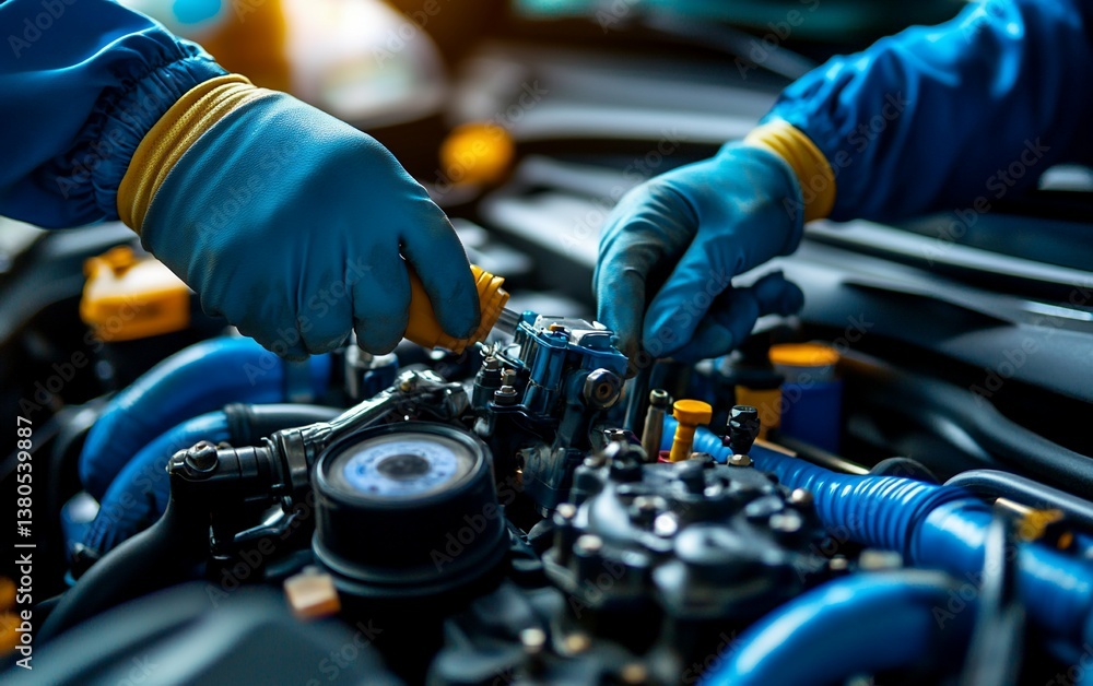 Mechanics Repairing Car Engine CloseUp Mechanics Repairing Car Engine CloseUp