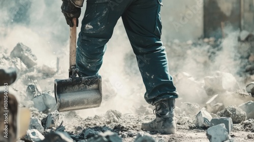 A construction worker operating a jackhammer on a site. Featuring energy and hard work
