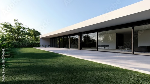 Wallpaper Mural Sleek modern architecture features large glass windows that open to a lush green garden. The structure emphasizes seamless indoor-outdoor living, ideal for relaxation Torontodigital.ca