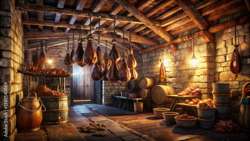 Rustic Wine Storage: Photorealistic 8K Long Exposure of Traditional Wineskins
