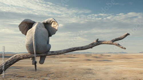 An elephant sits on a fragile branch of a dry, decaying tree, with the desert stretching out in the background, viewed from behind.