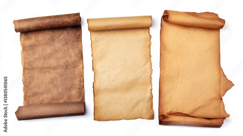 Three distinct scrolls are laid out on a white background, showcasing varying colors and textures, highlighting their aged appearance and historical feel Three distinct scrolls are laid out on a white background, showcasing varying colors and textures, highlighting their aged appearance and historical feel