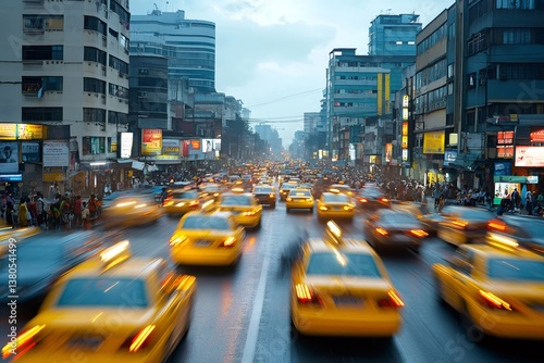 Yellow taxi cabs speeding in downtown taipei, taiwan, during rush hour