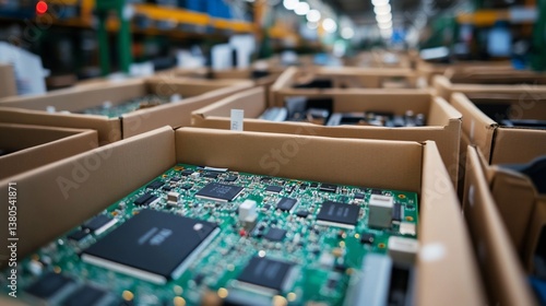 Circuit boards packed in boxes, warehouse, inventory