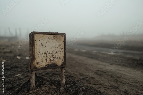 Foggy landscape with an abandoned sign evokes sense of mystery a