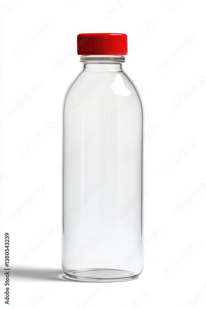 A clear plastic bottle with a bright red cap is positioned upright against a neutral background A clear plastic bottle with a bright red cap is positioned upright against a neutral background