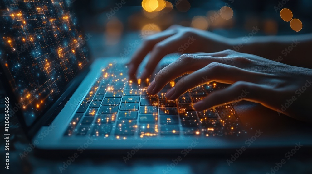Hands typing laptop keyboard dark night Hands typing laptop keyboard dark night