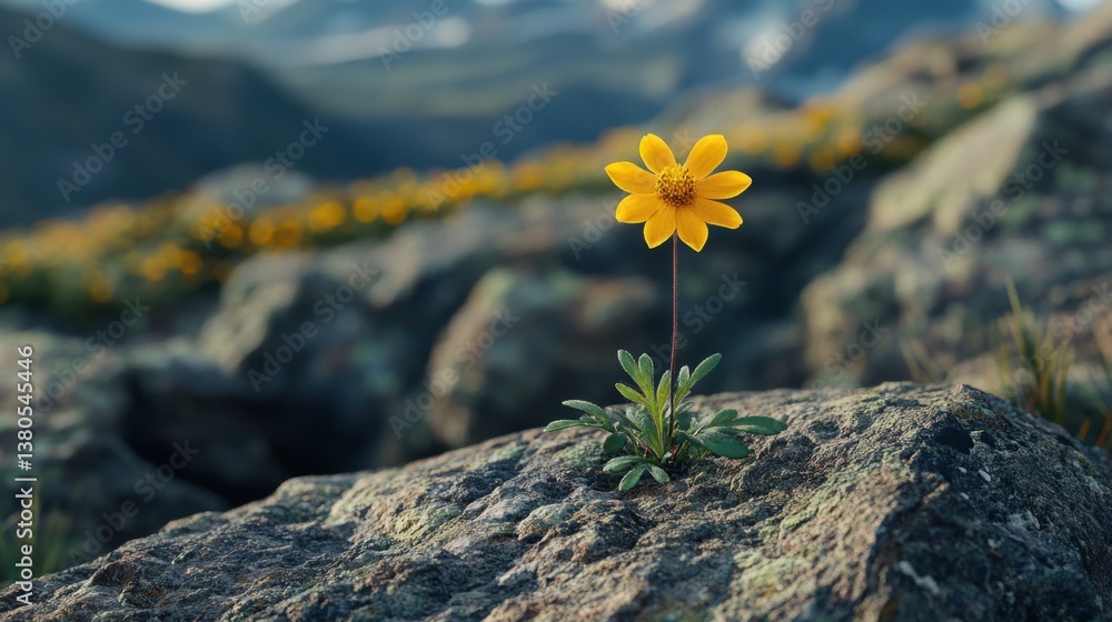 Φωτογραφία A lone wildflower, vibrant against the starkness of rock, adds beauty to the vast alpine wilderness beyond