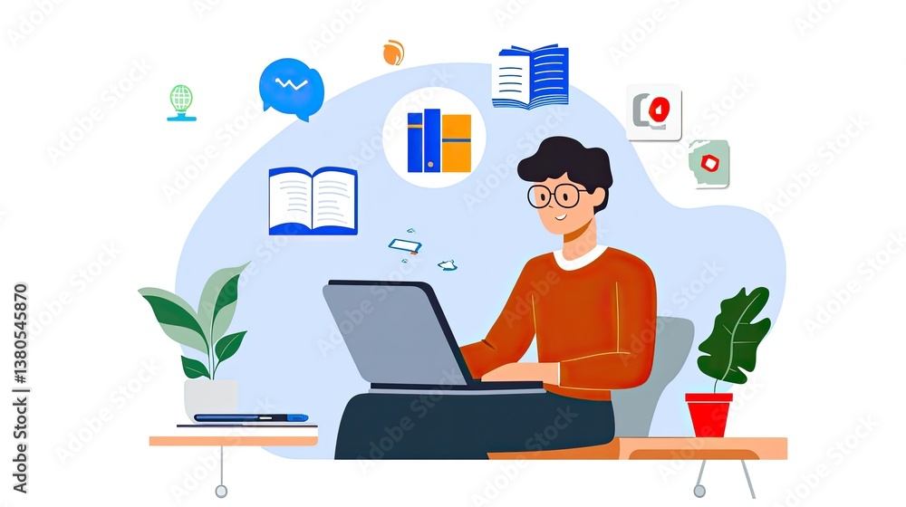 Digital illustration of a professional at laptop in e-artscale cloud office creative perspective Digital illustration of a professional at laptop in e-artscale cloud office creative perspective