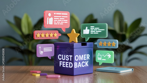 Customer Feedback: A digital suggestion box with floating comments and reviews, symbolizing the importance of customer feedback in business.	