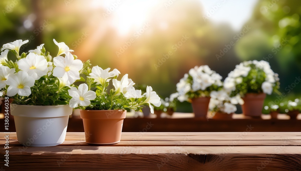 White flowers in pots on wooden table with copy space White flowers in pots on wooden table with copy space