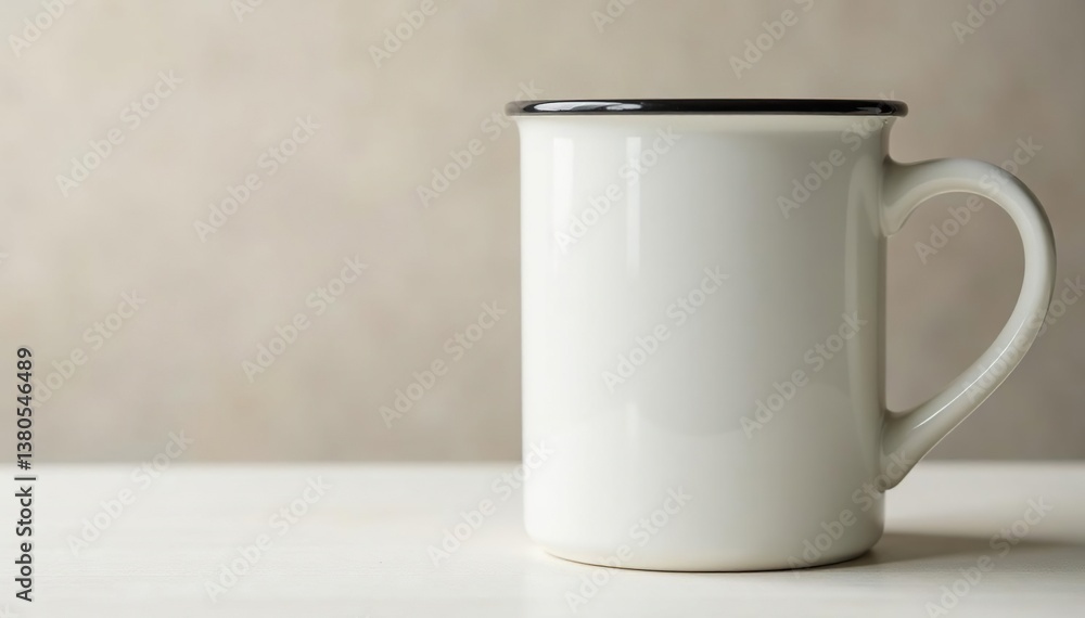 Classic white ceramic mug, handle detail visible, stock, background, handle Classic white ceramic mug, handle detail visible, stock, background, handle