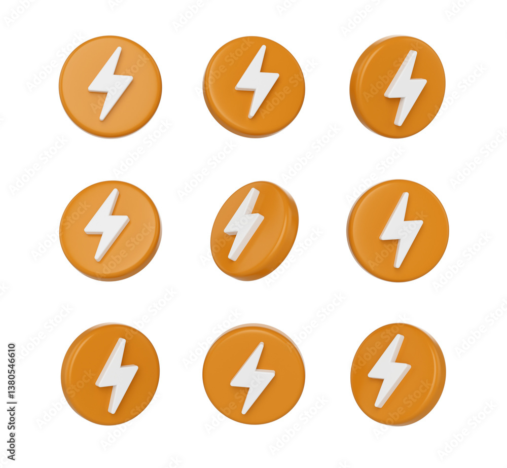 Orange icons with a white lightning bolt symbol, symbolizing energy, power and speed, 3d illustration Orange icons with a white lightning bolt symbol, symbolizing energy, power and speed, 3d illustration
