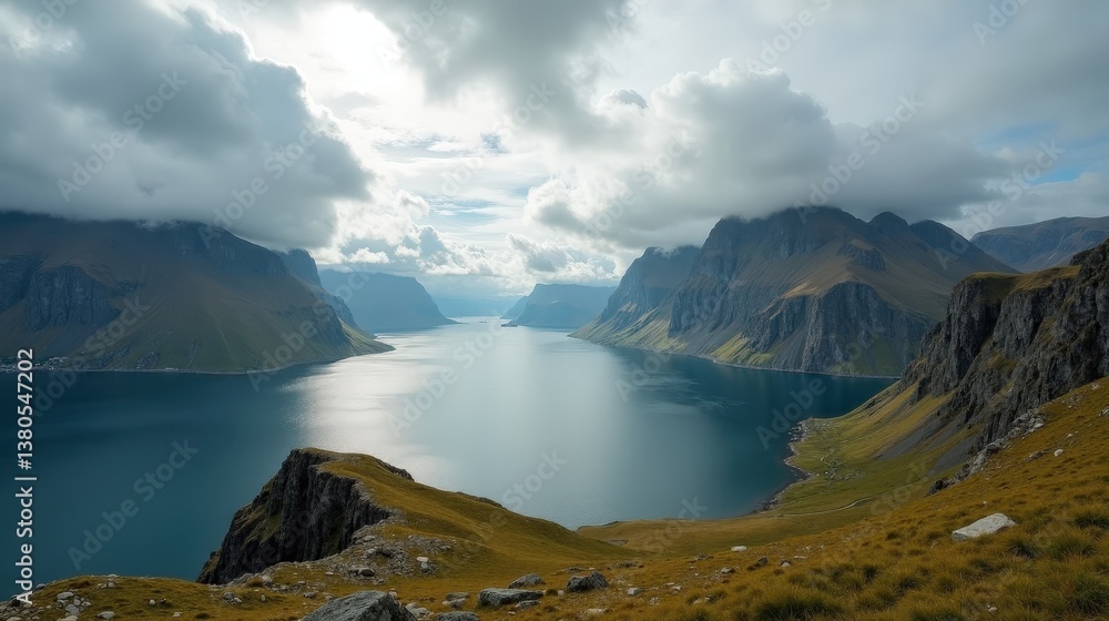 Panoramic view of a Norwegian landscape during mid-day with cloudy skies, highlighting nature's beauty. Panoramic view of a Norwegian landscape during mid-day with cloudy skies, highlighting nature's beauty.