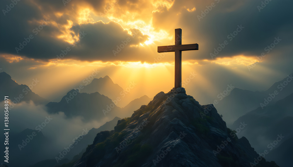 Christian cross, crucifixion on beautiful mountain rock at sunrise landscape. jesus easter resurrection concept. Good Friday. Religion, Bible, Christianity and faith concept. Christian cross, crucifixion on beautiful mountain rock at sunrise landscape. jesus easter resurrection concept. Good Friday. Religion, Bible, Christianity and faith concept.