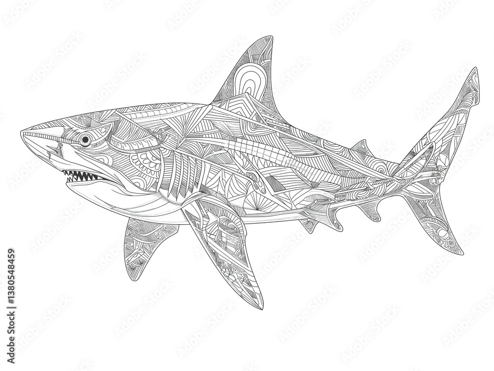 Fototapeta premium Illustration black and white of shark. Line drawing