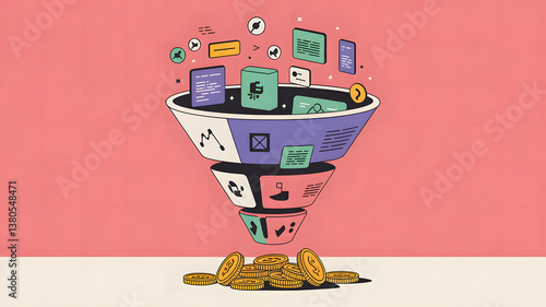 A giant funnel with various digital icons and data streams entering from the top and converting into golden coins at the bottom, representing the marketing conversion process.	
